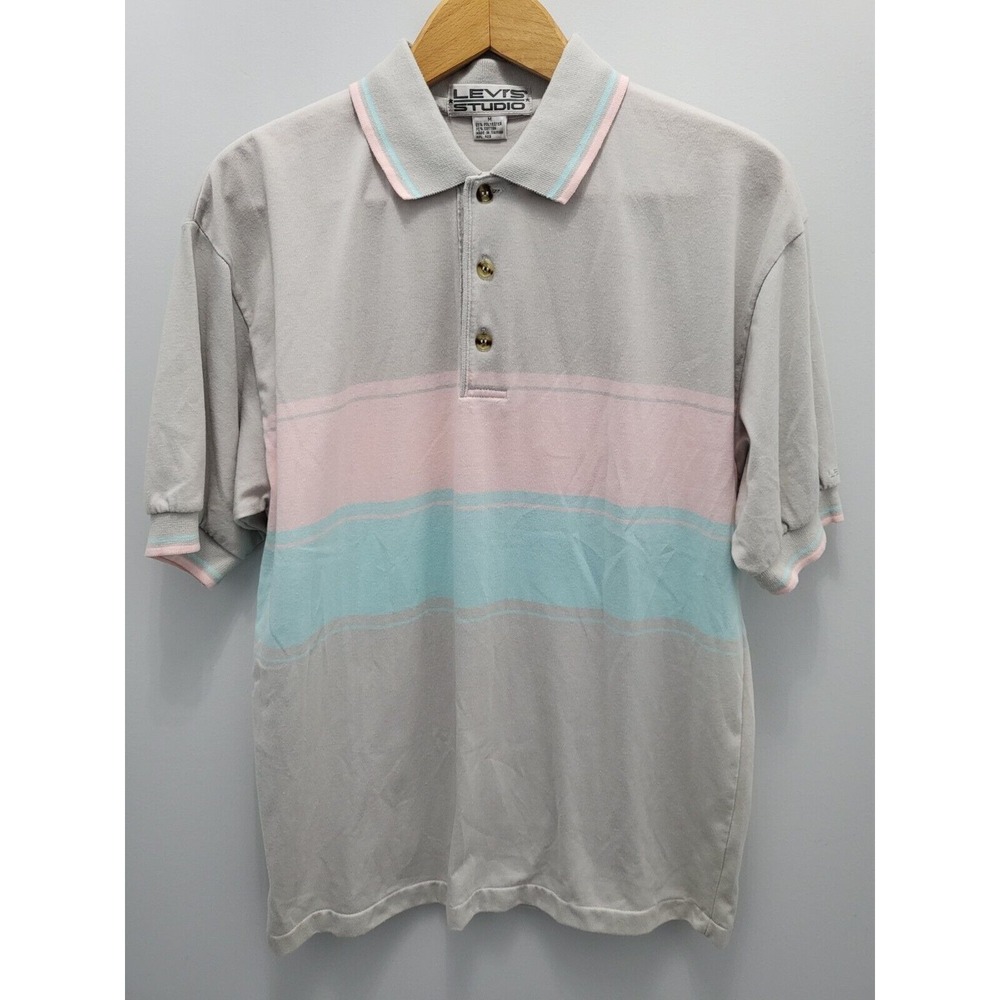 Levi's Studio Polo‎ Shirt Mens M Taiwan Gray Pink Blue Colorblock Vintage